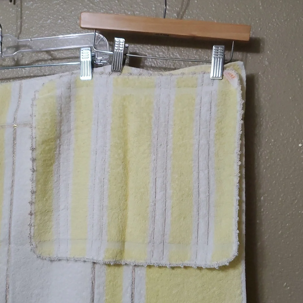 Vintage Cannon Towel Set Yellow White Gold Stripe Crochet Edge USA Made